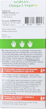 Tył opakowania NORSAN Omega-3 Vegan z polskimi i czeskimi informacjami o dawkowaniu, przechowywaniu i kodem kreskowym.