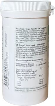 Tył białej butelki NORSAN Omega-3 Vegan Kapsułki, z widoczną etykietą i polskim oraz czeskim opisem wartości odżywczych.