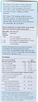Tył opakowania Omega-3 FISK, białe pudełko z listą składników odżywczych i dawkami w języku polskim.