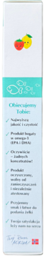 Boczny panel opakowania NORSAN Omega-3 FISK Jelly, biały i turkusowy, z owocami oraz opisem EPA/DHA.