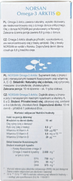 NORSAN Omega-3 ARKTIS, boczna ścianka pudełka z informacjami o składnikach i wartościach odżywczych oleju z dorsza.