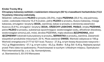 Zbliżenie na tył opakowania Kinder Tronky 90g z etykietą zawierającą składniki i wartości odżywcze produktu.