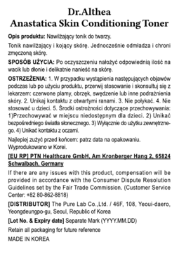 Biała ulotka informacyjna tonera Dr. Althea Anastatica Skin Conditioning, czarny tekst PL/EN, skład i użycie.