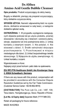 Etykieta Dr.Althea Amino Acid Gentle Bubble Cleanser z polskim opisem produktu, instrukcjami i ostrzeżeniami.