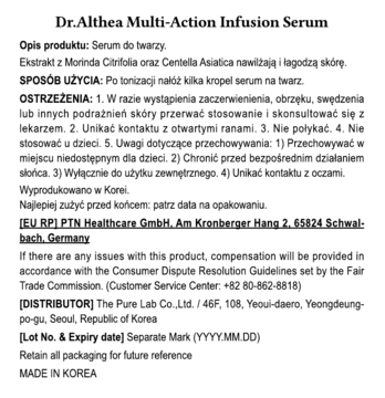 Zbliżenie na etykietę Dr.Althea Multi-Action Infusion Serum z polskimi i angielskimi informacjami.