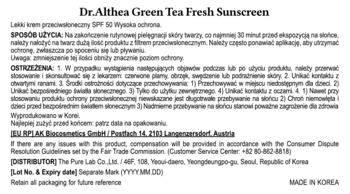 Tył Dr. Althea Green Tea Fresh Sunscreen SPF 50+, polskie instrukcje i skład na białym tle.