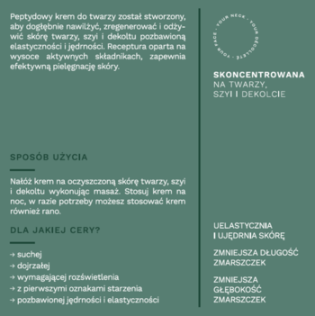 Grafika informacyjna o peptydowym kremie do twarzy Slavia Cosmetics, zielone tło, biały tekst: zastosowanie, cera, efekty.