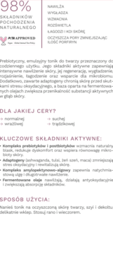 Tył opakowania toniku z prebiotykami Slavia Cosmetics. Białe tło, różowy tekst, listą cech i składników.