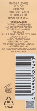 Tył opakowania błyszczyka YSL z informacjami o produkcie, kodem kreskowym i symbolami recyklingu.