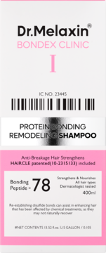 Dr.Melaxin Bondex Clinic Protein Bonding Remodeling Shampoo, white and pink box, front view, with Bonding Peptide 78, 400ml.