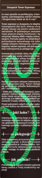 Tył opakowania Duopack Toner Express, ciemny brąz z białym tekstem i zielonymi, wirującymi wzorami.