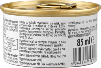 Tył małej metalowej puszki karmy dla kota z białą etykietą, polskim tekstem i złotą pokrywką, 85 ml.