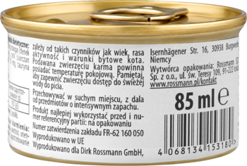 Zbliżenie na tył metalowej puszki karmy dla kota 85ml, z białą etykietą, polskim tekstem i kodem kreskowym.