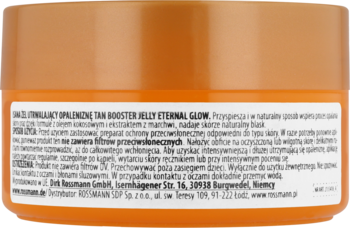 Tył pomarańczowego żelu Tan Booster Eternal Glow z ekstraktem z marchwi, widoczna etykieta z opisem.