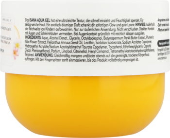 Tył żółtego słoiczka SENSITIVE AQUA GEL z niemieckim opisem składu i stosowania produktu nawilżającego.