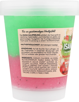 ISANA peeling solny Erdbeer-Matcha, w przezroczystym pojemniku z zielono-różową zawartością, tył etykiety ze składem.