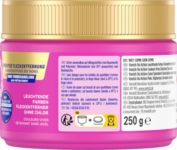 Tył różowego pojemnika Vanish Oxi Action 250g, odplamiacz do tkanin kolorowych bez chloru, ze złotą nakrętką.