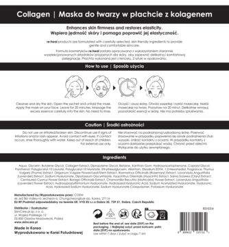 Tył opakowania maski do twarzy w płachcie Collagen, białe, z tekstem i instrukcją użycia.