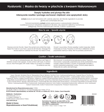 Tył opakowania maski w płachcie z kwasem hialuronowym, widoczne instrukcje, lista składników i kody kreskowe.
