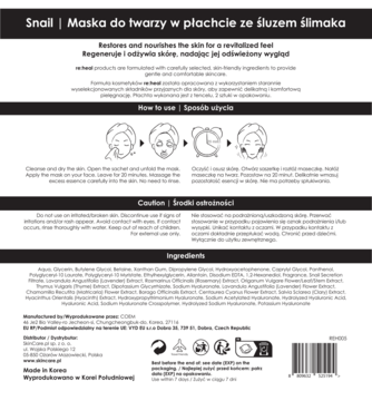 Tył czarnego opakowania maski RE:Heal Snail Face, ze śluzem ślimaka, z instrukcją, składem i kodem EAN.