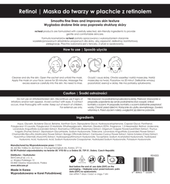 Tył opakowania maski RE:Heal Retinol Face Mask, czarne tło, biały tekst: składniki i instrukcje.