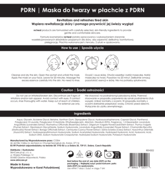 Tył opakowania RE:Heal PDRN Face Mask w płachcie, widoczne składniki, instrukcje użycia i ostrzeżenia.