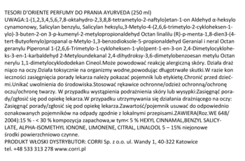 Fragment etykiety Tesori d'Oriente Perfumy do Prania Ayurveda, z listą składników i ostrzeżeniami.