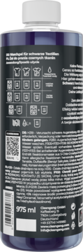 OH MY WASH! żel do prania czarnego 975 ml, tył ciemnej butelki z białym korkiem, widoczne instrukcje i teksty.