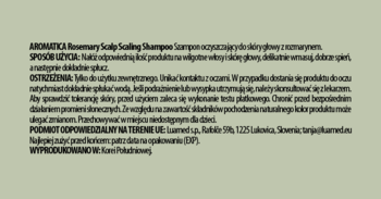Tył opakowania szamponu Aromatica Rosemary Scalp Scaling z polskim opisem produktu i instrukcją użycia.