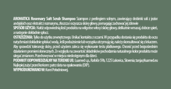 Etykieta Aromatica Rosemary Salt Scrub Szampon peelingujący z tekstem opisującym skład i zastosowanie, na zielonym tle.