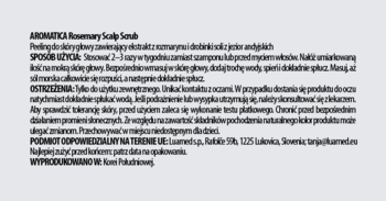 Tył etykiety AROMATICA Rosemary Scalp Scrub, biały tekst na ciemnym tle, z opisem produktu i instrukcją.