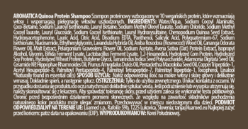 Tył etykiety szamponu proteinowego Aromatica Quinoa z listą składników na ciemnobrązowym tle, biały tekst.