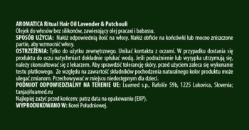 Tył etykiety olejku Aromatica Ritual Hair Oil Lawenda i Paczula. Biały tekst na ciemnozielonym tle, bez silikonów.