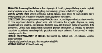 AROMATICA Rosemary Root Enhancer: etykieta z polskimi instrukcjami użycia i ważnymi informacjami, ciemny tekst na beżowym tle.