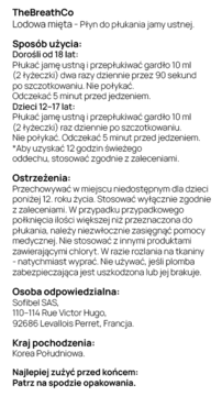 Tył opakowania płynu do płukania jamy ustnej TheBreathCo Lodowa mięta, z polskim opisem użycia i ostrzeżeń.
