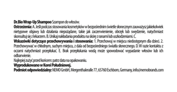 Tył opakowania nawilżającego szamponu Dr. Bio Wrap-Up, z polskimi instrukcjami, ostrzeżeniami i danymi producenta.