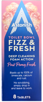 Różowe opakowanie Astonish Toilet Bowl Fizz & Fresh Pink Peony Fresh, 8 tabletek. Głęboko czyszczące tabletki do WC usuwające kamień.