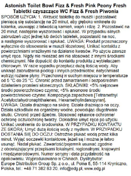 Etykieta Astonish Toilet Bowl Fizz & Fresh Pink Peony Fresh, tabletki czyszczące WC, z opisem użycia i składem.