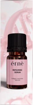 Érnè Repairing Serum w bursztynowej butelce z różową etykietą, widok z przodu na tle różowych struktur DNA.