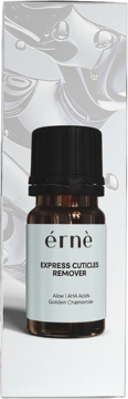 Erne Express Cuticles Remover z Aloe i AHA w bursztynowej butelce, na tle biało-srebrnego opakowania, przód.