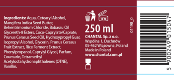 Tył ciemnoczerwonej etykiety maski Sessio Cherry Lady. Widoczne szczegóły: lista składników, 250 ml i kod kreskowy.