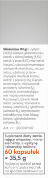 Tył opakowania suplementu Merz Spezial Włosy 60 kapsułek, białe pudełko z listą składników.
