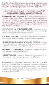 Panel informacyjny kremu JANDA Nr 1. Widoczny tekst opisujący składniki: nici ujędrniające, złoto 24K, wit. C. Białe tło.