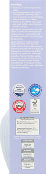 Tylna strona liliowego opakowania kosmetyku z pieczęciami ECARF, Clean Label, Stiftung Warentest, FSC.