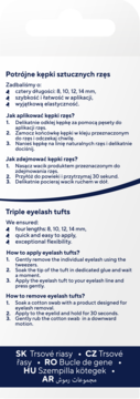 Tył opakowania Potrójnych kępek sztucznych rzęs. Biało-niebieskie, z instrukcjami po polsku i angielsku.