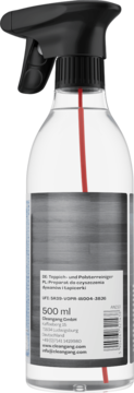 Tył butelki Cleangang 500ml pianki do dywanów i tapicerki. Przezroczysta z czarnym atomizerem.