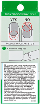 Tył opakowania zestawu do sztucznych paznokci z instrukcją aplikacji "YES/NO" i "Clean with Prep Pad".
