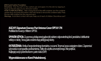 Czarna etykieta podkładu AGE 20's Signature Essence Pact Intense Cover SPF50 PA++ z pełnym kryciem, z opisem.