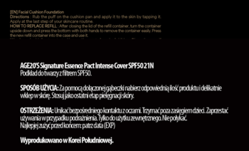 Tekst z opakowania Essence Cover Pact AGE20'S: instrukcje użycia, pełne krycie SPF50+ i trwałość.