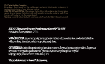 Instrukcje i informacje o podkładzie AGE20's Signature Essence Pact Intense Cover na czarnym tle.